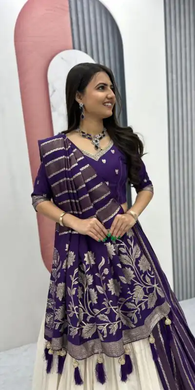 Purple Jacquard Silk Moti Work Lehenga Choli | Lehenga, Bollywood Lehenga, Creative Lehenga, Designer Lehenga, Embroidered Lehenga, Party Wear Lehenga