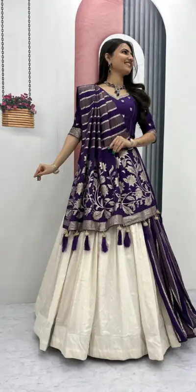 Purple Jacquard Silk Moti Work Lehenga Choli | Lehenga, Bollywood Lehenga, Creative Lehenga, Designer Lehenga, Embroidered Lehenga, Party Wear Lehenga