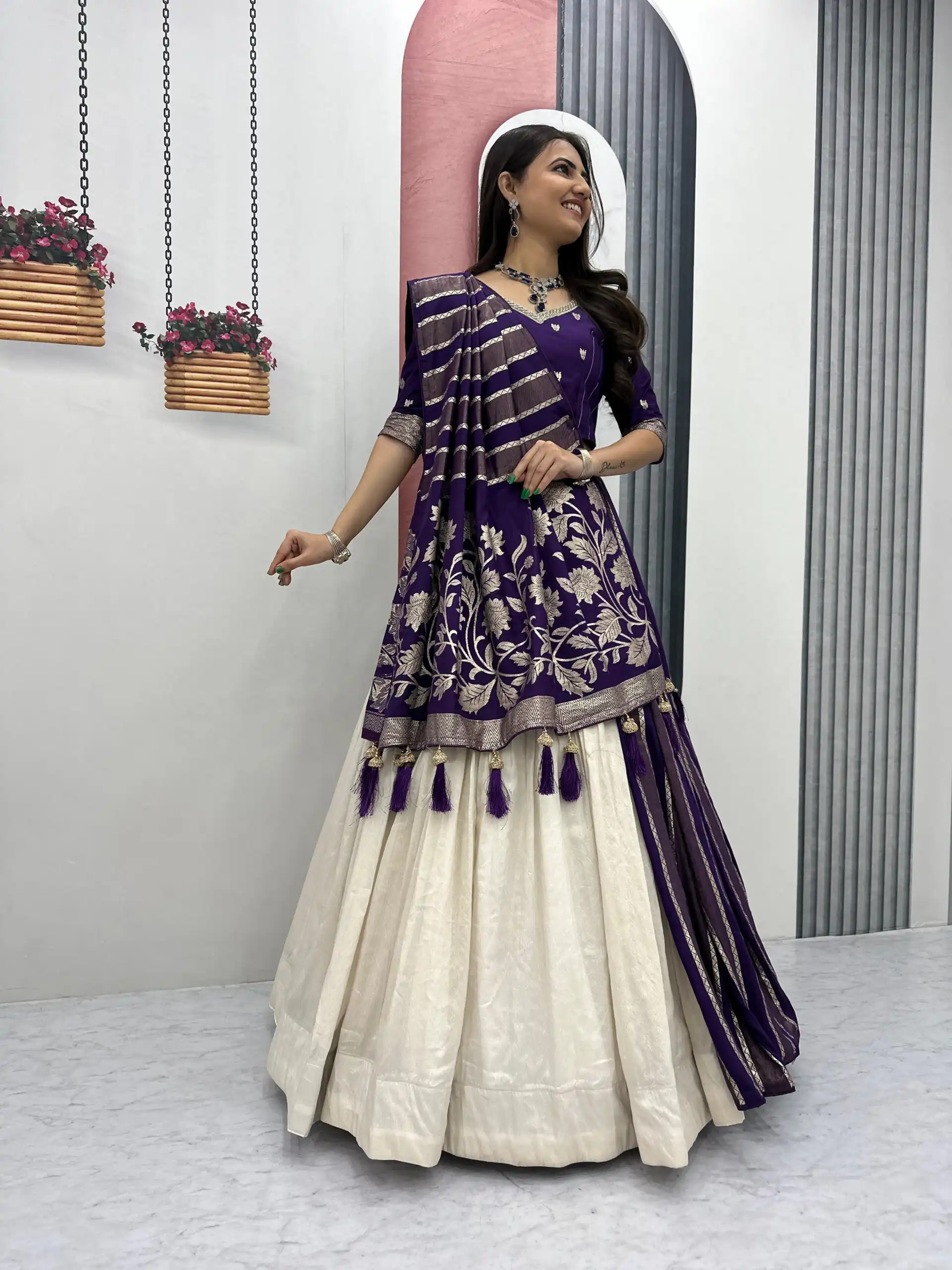 Purple Jacquard Silk Moti Work Lehenga Choli | Lehenga, Bollywood Lehenga, Creative Lehenga, Designer Lehenga, Embroidered Lehenga, Party Wear Lehenga