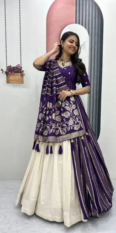Purple Jacquard Silk Moti Work Lehenga Choli | Lehenga, Bollywood Lehenga, Creative Lehenga, Designer Lehenga, Embroidered Lehenga, Party Wear Lehenga