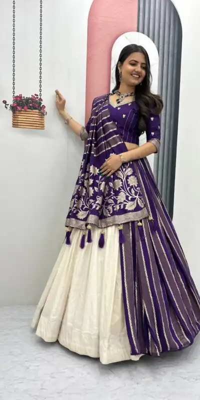 Purple Jacquard Silk Moti Work Lehenga Choli | Lehenga, Bollywood Lehenga, Creative Lehenga, Designer Lehenga, Embroidered Lehenga, Party Wear Lehenga