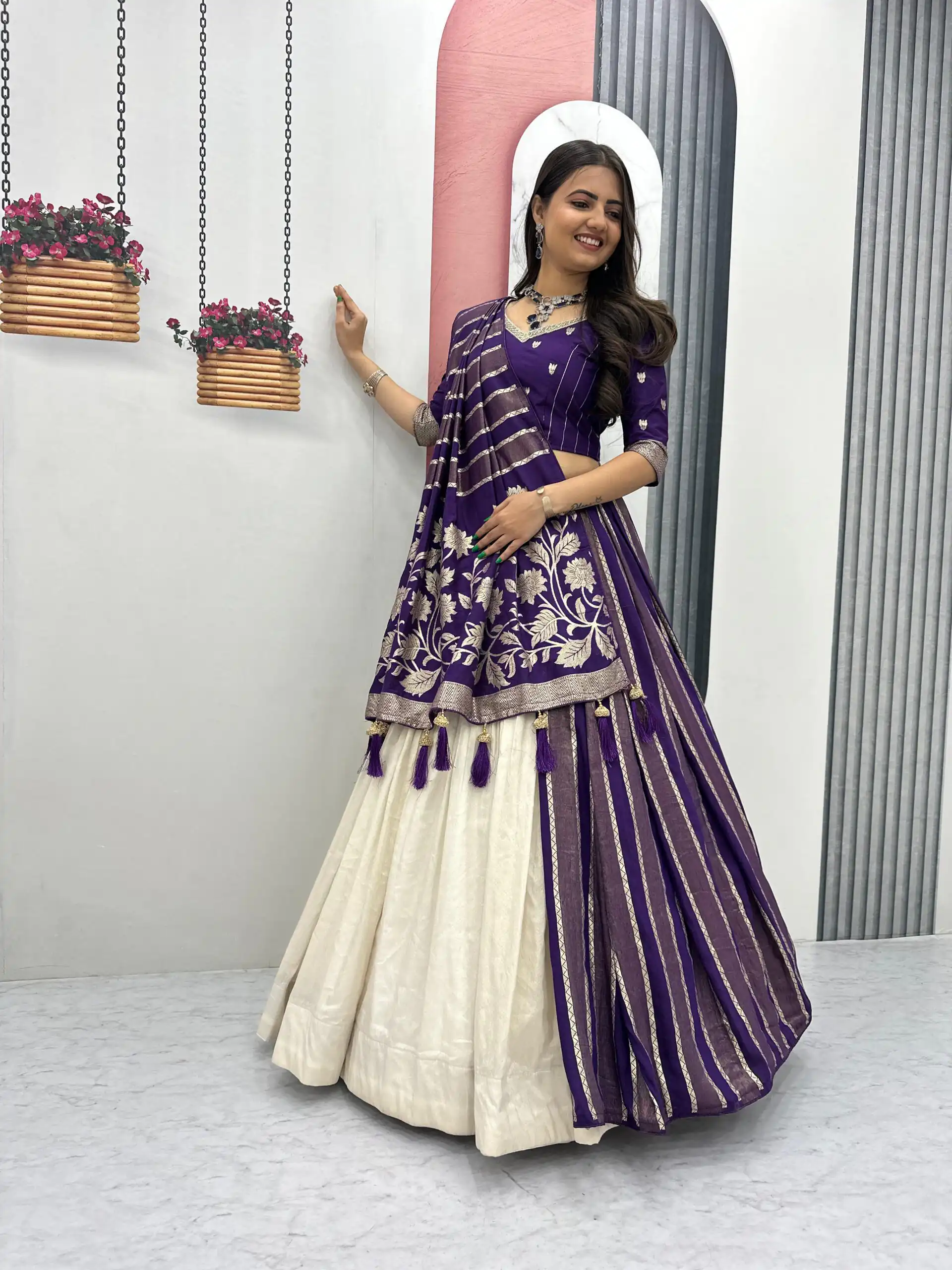 Purple Jacquard Silk Moti Work Lehenga Choli | Lehenga, Bollywood Lehenga, Creative Lehenga, Designer Lehenga, Embroidered Lehenga, Party Wear Lehenga