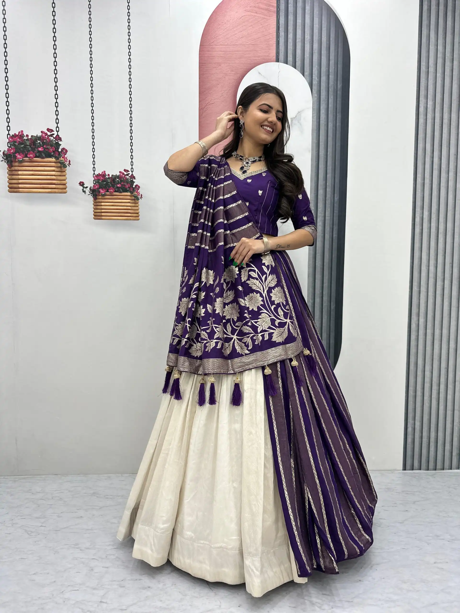 Purple Jacquard Silk Moti Work Lehenga Choli | Lehenga, Bollywood Lehenga, Creative Lehenga, Designer Lehenga, Embroidered Lehenga, Party Wear Lehenga