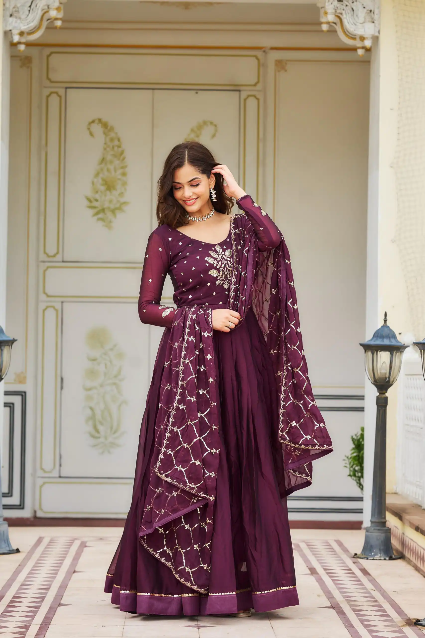 Purple Rangoli Sequence Embroidery Gown | Gowns, Bollywood Gowns, Creative Gowns, Designer Gowns, Embroidered Gowns, Party Wear Gowns