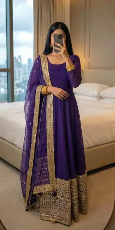Purple Roman Silk Embroidery Lace Work Gown | Gowns, Bollywood Gowns, Creative Gowns, Designer Gowns, Embroidered Gowns, Party Wear Gowns