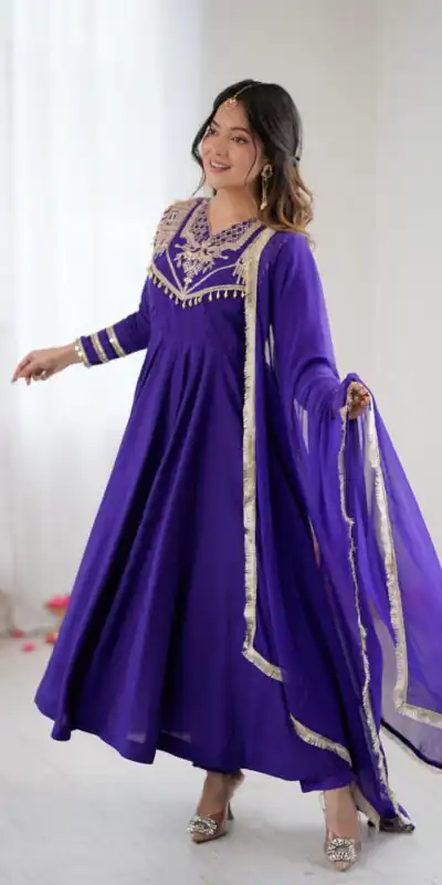 Purple Roman Silk Lace Work Border Gown | Gowns, Bollywood Gowns, Creative Gowns, Designer Gowns, Embroidered Gowns, Party Wear Gowns