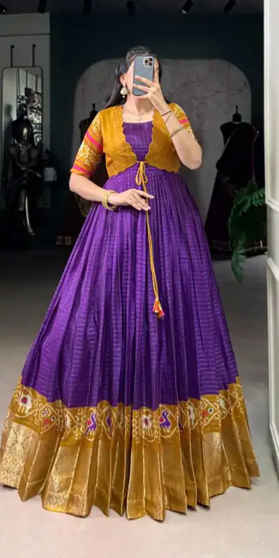 Purple Tasar Chex Patola Print Gown | Gowns, Bollywood Gowns, Creative Gowns, Designer Gowns, Embroidered Gowns, Party Wear Gowns