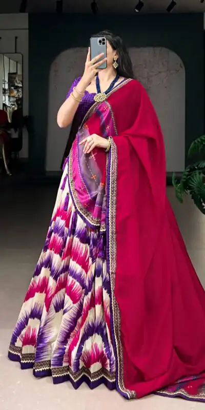 Purple Taser Silk Printed Lehenga Choli | Lehenga, Bollywood Lehenga, Creative Lehenga, Designer Lehenga, Embroidered Lehenga, Party Wear Lehenga