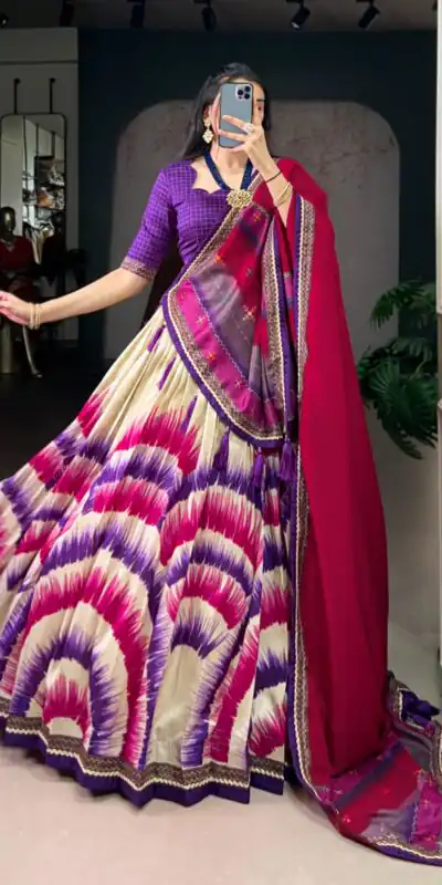 Purple Taser Silk Printed Lehenga Choli | Lehenga, Bollywood Lehenga, Creative Lehenga, Designer Lehenga, Embroidered Lehenga, Party Wear Lehenga