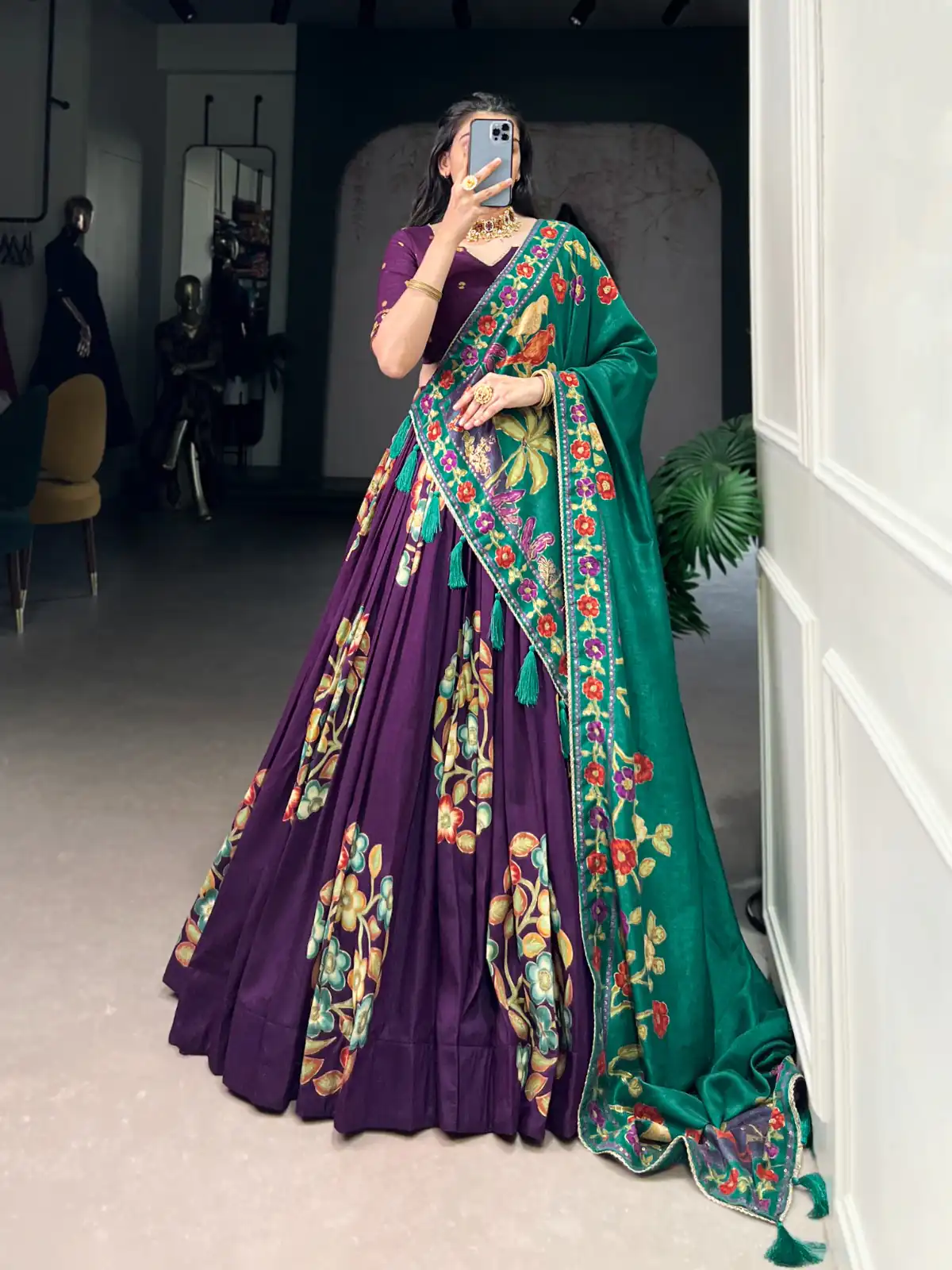 Purple Tushar Silk Printed Foil Work Lehenga Choli | Lehenga, Bollywood Lehenga, Creative Lehenga, Designer Lehenga, Embroidered Lehenga, Party Wear Lehenga