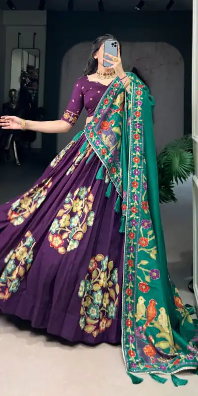 Purple Tushar Silk Printed Foil Work Lehenga Choli | Lehenga, Bollywood Lehenga, Creative Lehenga, Designer Lehenga, Embroidered Lehenga, Party Wear Lehenga