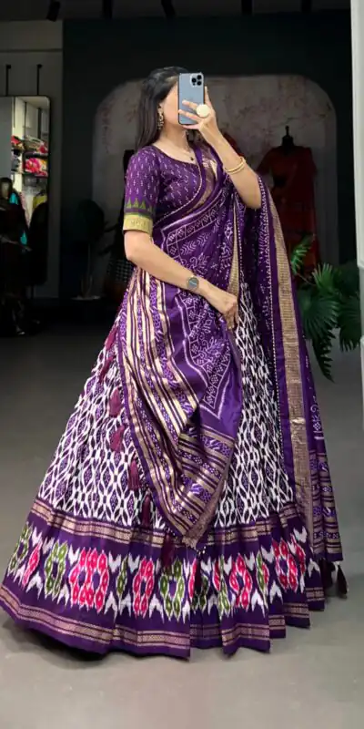 Purple Tussar Silk Ikkat Print Foil Work Lehenga Choli | Lehenga, Bollywood Lehenga, Creative Lehenga, Designer Lehenga, Embroidered Lehenga, Party Wear Lehenga