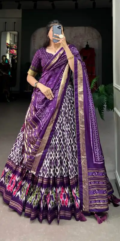 Purple Tussar Silk Ikkat Print Foil Work Lehenga Choli | Lehenga, Bollywood Lehenga, Creative Lehenga, Designer Lehenga, Embroidered Lehenga, Party Wear Lehenga