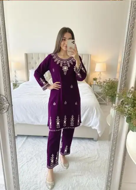 Purple Velvet Embroidery Mirror Work Salwar Suit | Jump Suits, Salwar suit, Casual Suits, Creative suits, Designer Suits, Palazzo Suits, Party Wear Suits, Patiala Suits, Straight Suits