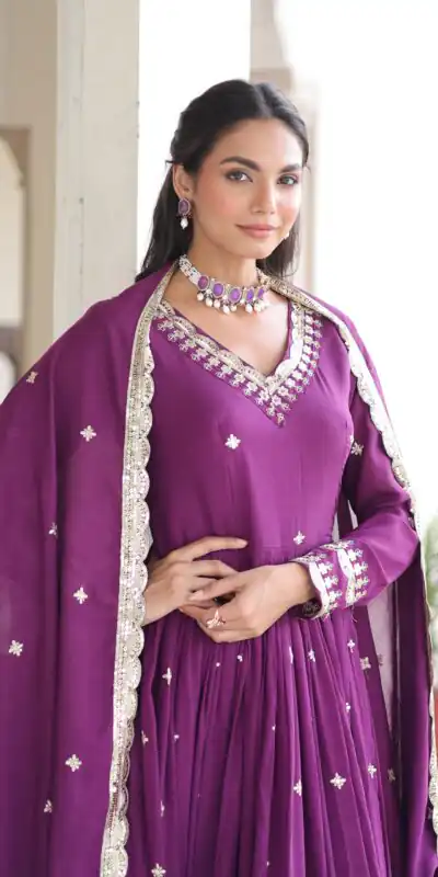 Purple Vichitra Silk Sequins Work Gown | Gowns, Bollywood Gowns, Creative Gowns, Designer Gowns, Embroidered Gowns, Party Wear Gowns