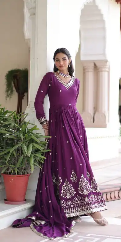 Purple Vichitra Silk Sequins Work Gown | Gowns, Bollywood Gowns, Creative Gowns, Designer Gowns, Embroidered Gowns, Party Wear Gowns