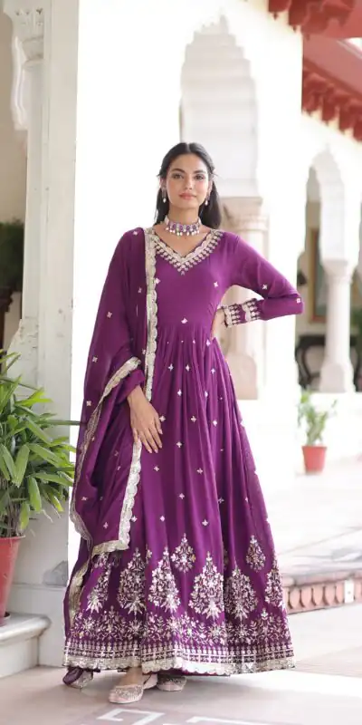 Purple Vichitra Silk Sequins Work Gown | Gowns, Bollywood Gowns, Creative Gowns, Designer Gowns, Embroidered Gowns, Party Wear Gowns