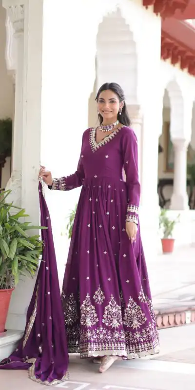 Purple Vichitra Silk Sequins Work Gown | Gowns, Bollywood Gowns, Creative Gowns, Designer Gowns, Embroidered Gowns, Party Wear Gowns