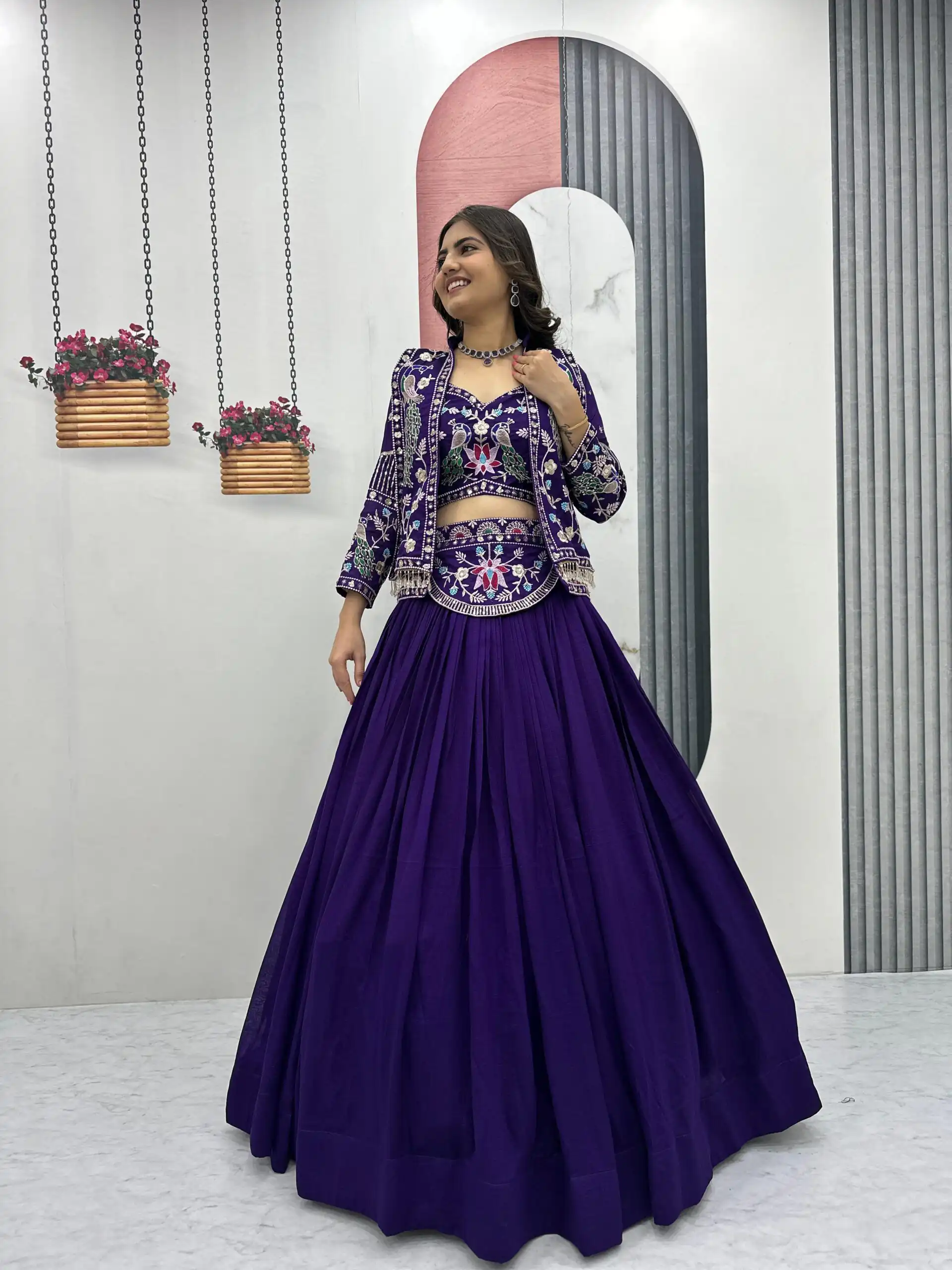 Purple Vichitra Silk Thread Work Lehenga Choli | Lehenga, Bollywood Lehenga, Creative Lehenga, Designer Lehenga, Embroidered Lehenga, Party Wear Lehenga