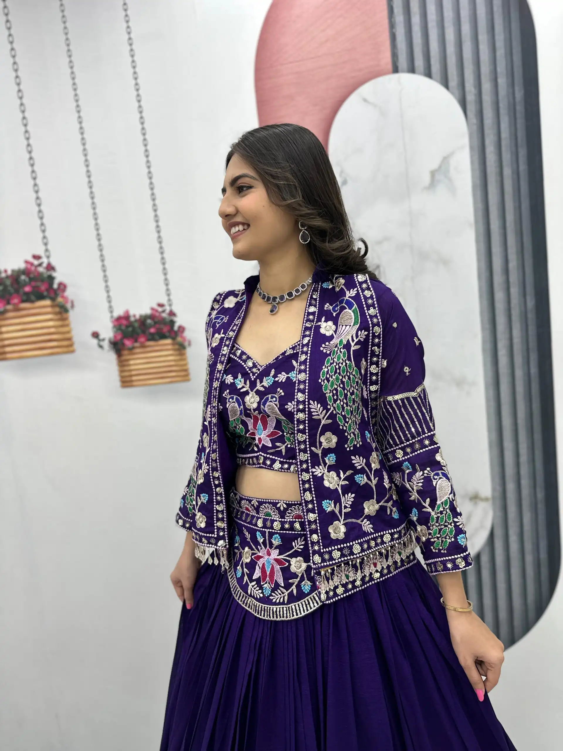 Purple Vichitra Silk Thread Work Lehenga Choli | Lehenga, Bollywood Lehenga, Creative Lehenga, Designer Lehenga, Embroidered Lehenga, Party Wear Lehenga