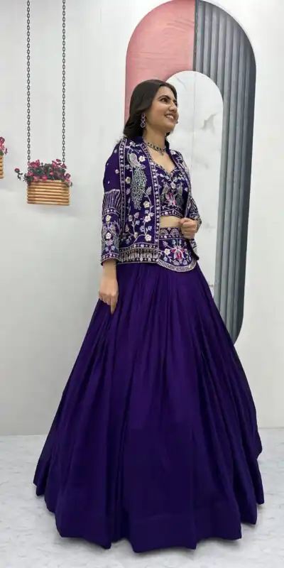 Purple Vichitra Silk Thread Work Lehenga Choli | Lehenga, Bollywood Lehenga, Creative Lehenga, Designer Lehenga, Embroidered Lehenga, Party Wear Lehenga