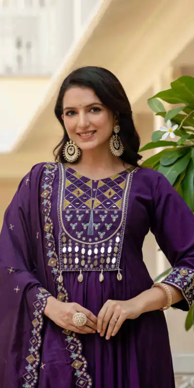 Purple Viscose Roman Silk Mirror Work Anarkali Suit | Anarkali Suits, Bollywood Anarkali, Creative-Anarkali, Designer Anarkali, Embroidered Anarkali, Party Wear Anarkali