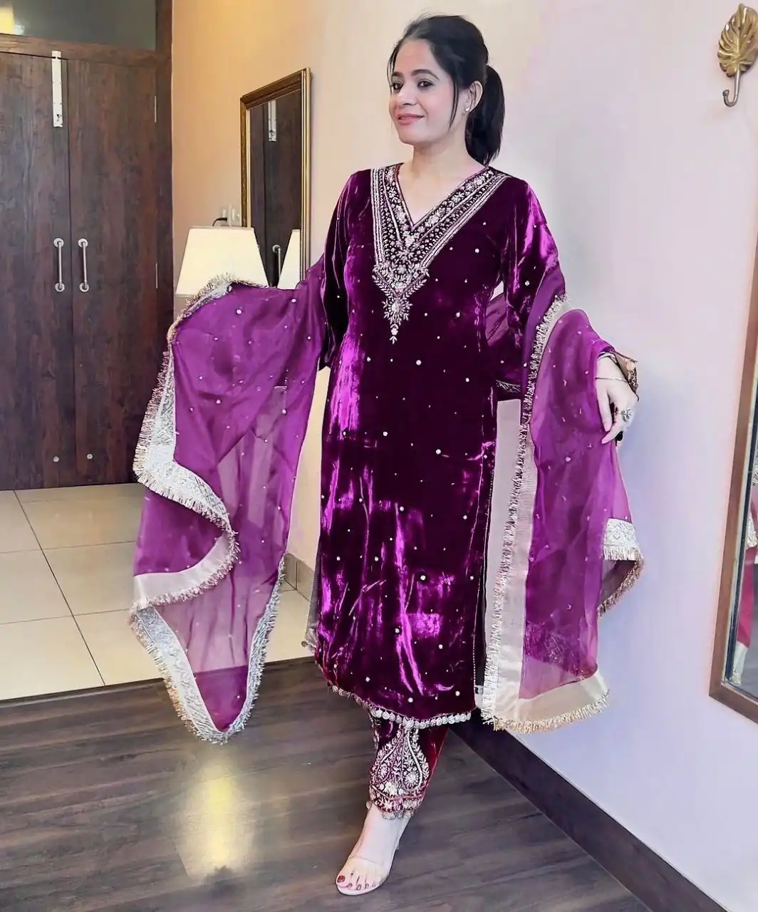 Purple Viscose Velvet Thread Rivet Moti Salwar Suit | Jump Suits, Tops & Bottoms, Track Suits, Salwar suit, Casual Suits, Creative suits, Designer Suits, Palazzo Suits, Party Wear Suits, Patiala Suits, Straight Suits, Trendy Wear