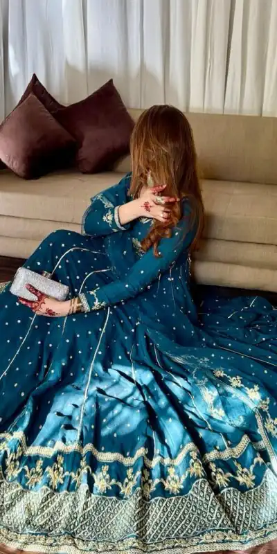 Rama Blue Star Georgette Embroidery Work Gown | Gowns, Bollywood Gowns, Creative Gowns, Designer Gowns, Embroidered Gowns, Party Wear Gowns