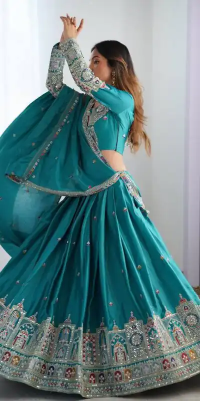 Rama Chinon Silk Embroidery Work Lehenga Choli | Lehenga, Bollywood Lehenga, Creative Lehenga, Designer Lehenga, Embroidered Lehenga, Party Wear Lehenga