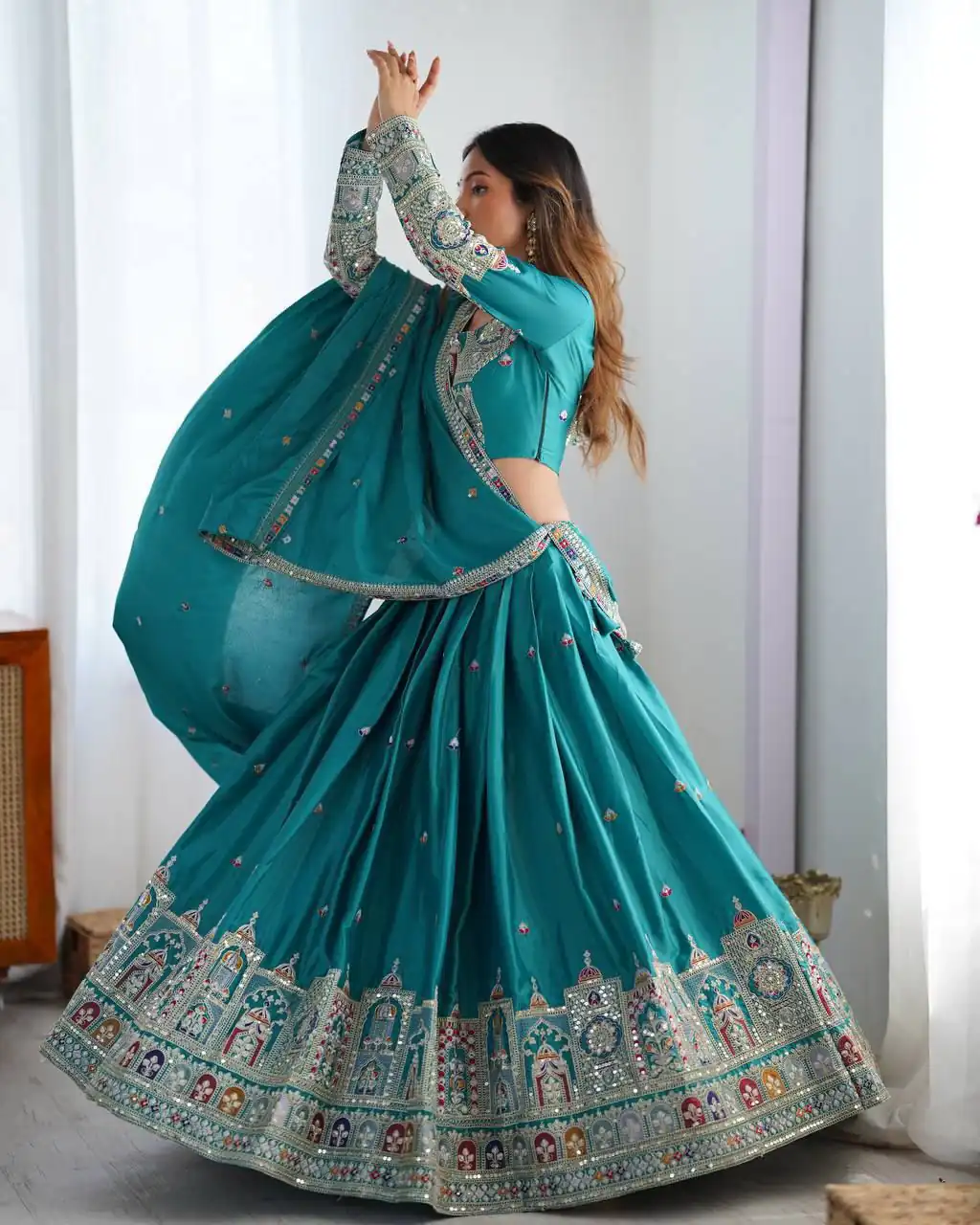Rama Chinon Silk Embroidery Work Lehenga Choli | Lehenga, Bollywood Lehenga, Creative Lehenga, Designer Lehenga, Embroidered Lehenga, Party Wear Lehenga