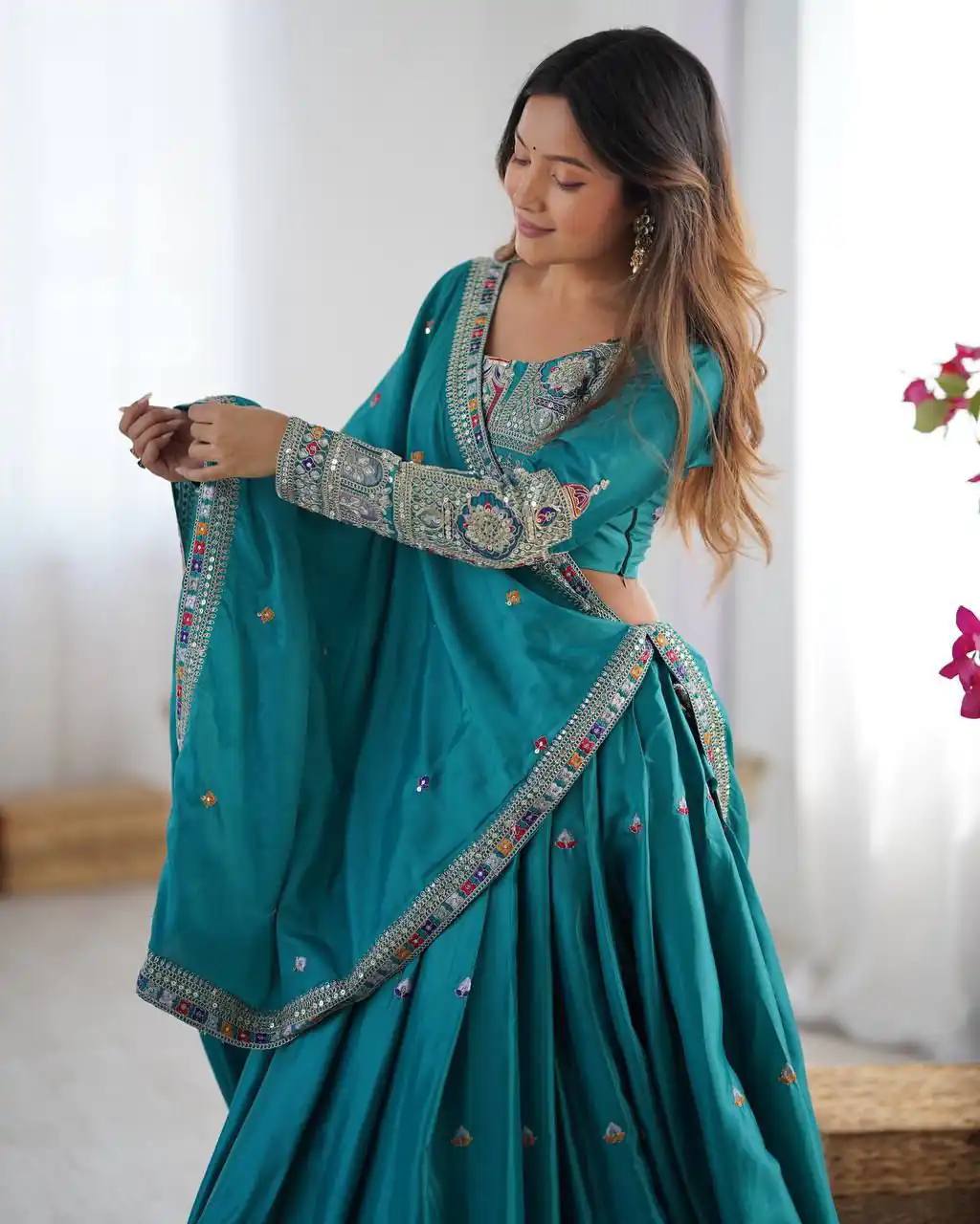 Rama Chinon Silk Embroidery Work Lehenga Choli | Lehenga, Bollywood Lehenga, Creative Lehenga, Designer Lehenga, Embroidered Lehenga, Party Wear Lehenga