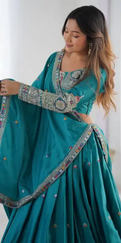 Rama Chinon Silk Embroidery Work Lehenga Choli | Lehenga, Bollywood Lehenga, Creative Lehenga, Designer Lehenga, Embroidered Lehenga, Party Wear Lehenga