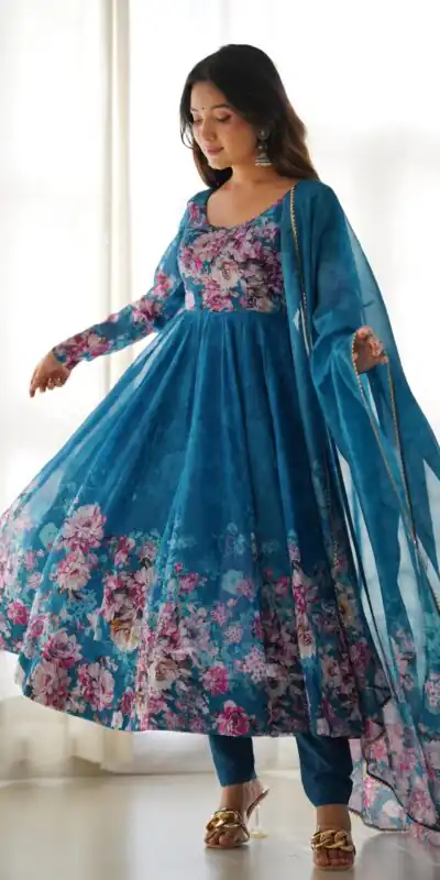 Rama Soft Organza Silk Print With Kali Gown | Gowns, Bollywood Gowns, Creative Gowns, Designer Gowns, Embroidered Gowns, Party Wear Gowns