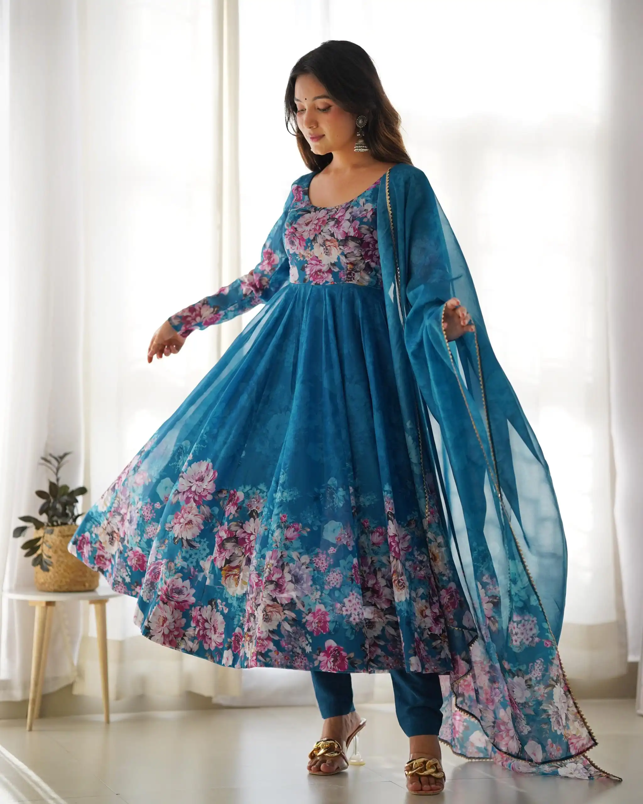 Rama Soft Organza Silk Print With Kali Gown | Gowns, Bollywood Gowns, Creative Gowns, Designer Gowns, Embroidered Gowns, Party Wear Gowns