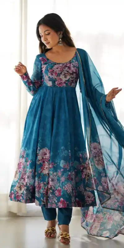 Rama Soft Organza Silk Print With Kali Gown | Gowns, Bollywood Gowns, Creative Gowns, Designer Gowns, Embroidered Gowns, Party Wear Gowns