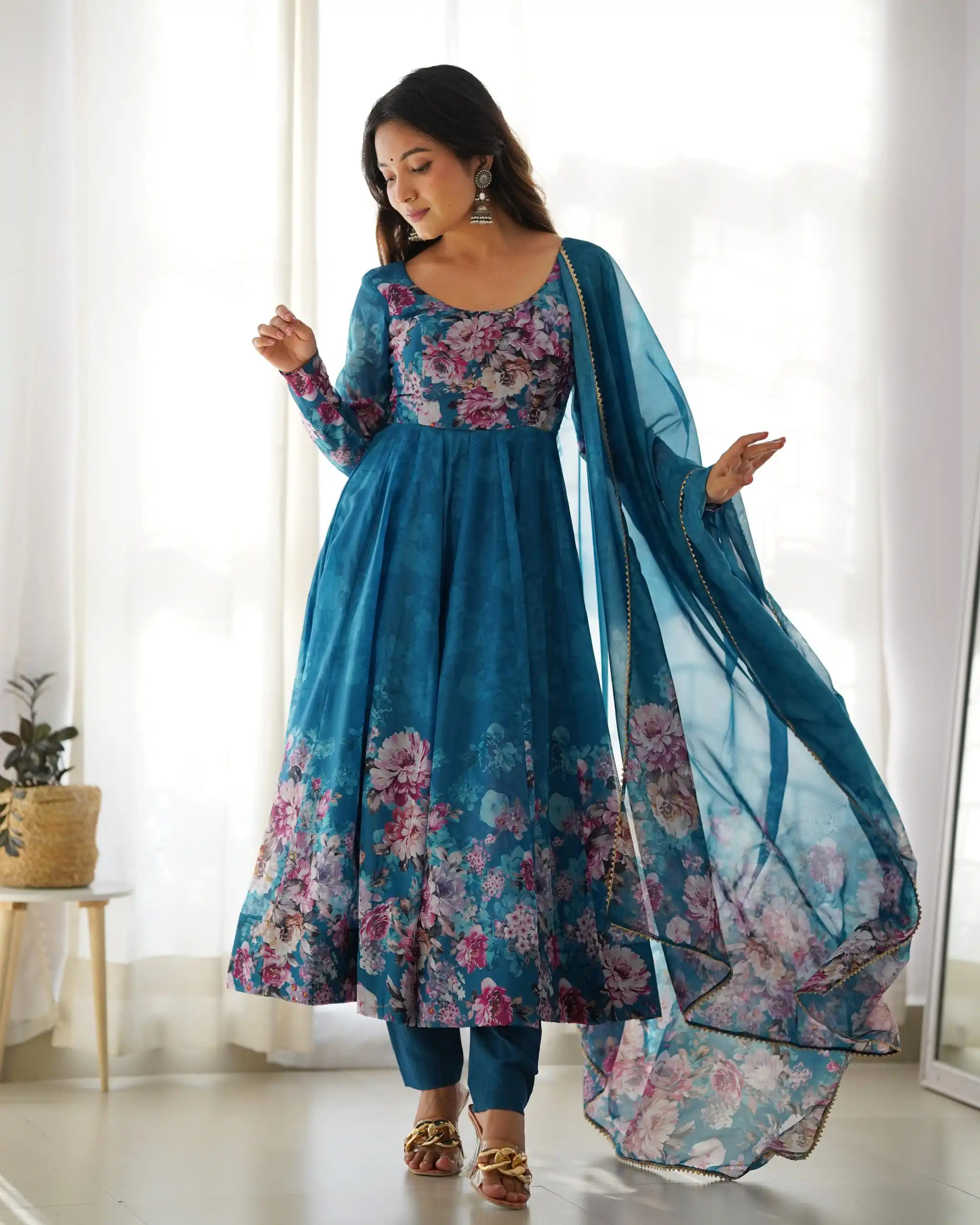 Rama Soft Organza Silk Print With Kali Gown | Gowns, Bollywood Gowns, Creative Gowns, Designer Gowns, Embroidered Gowns, Party Wear Gowns