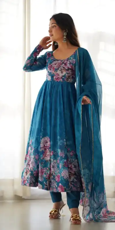 Rama Soft Organza Silk Print With Kali Gown | Gowns, Bollywood Gowns, Creative Gowns, Designer Gowns, Embroidered Gowns, Party Wear Gowns