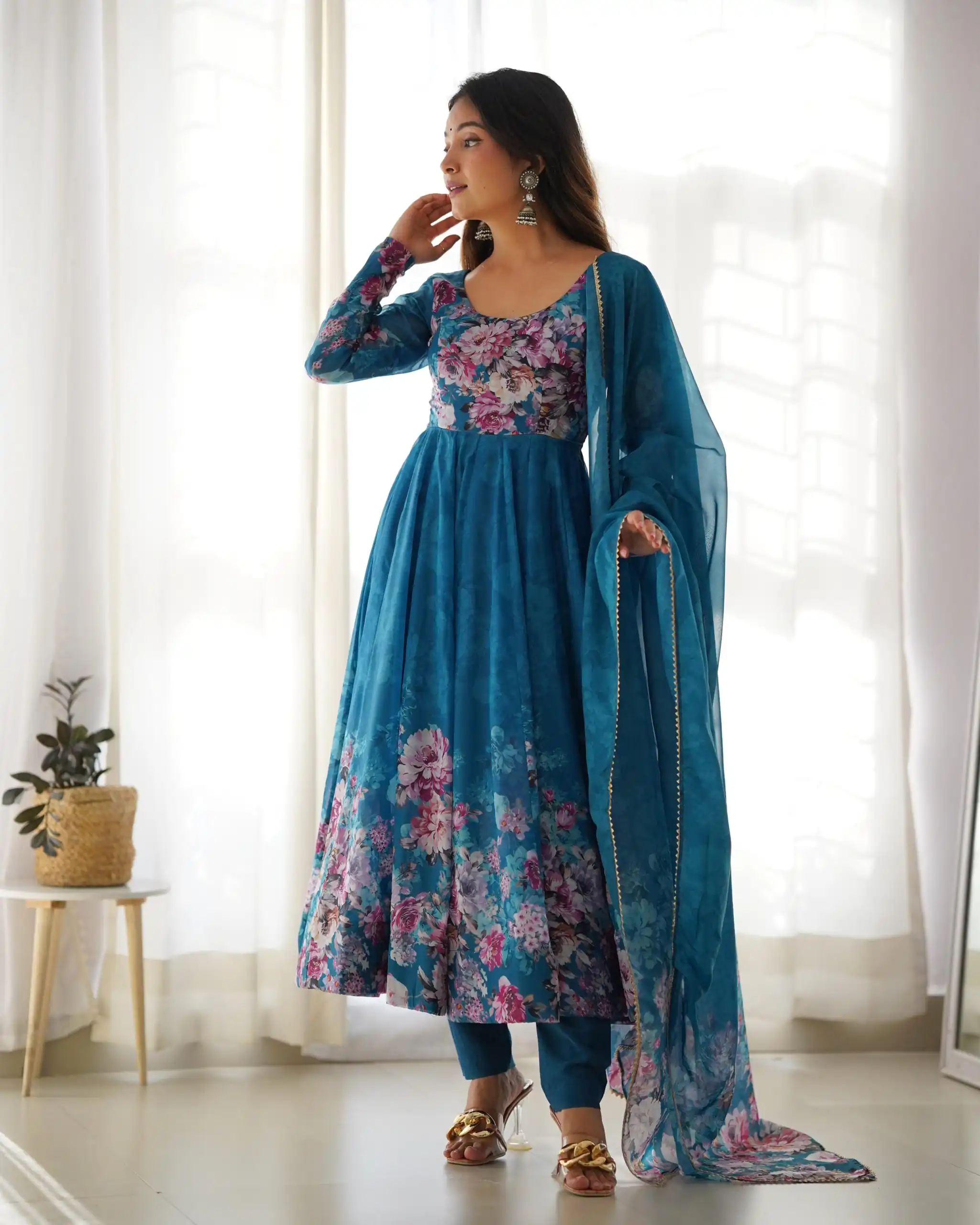 Rama Soft Organza Silk Print With Kali Gown | Gowns, Bollywood Gowns, Creative Gowns, Designer Gowns, Embroidered Gowns, Party Wear Gowns