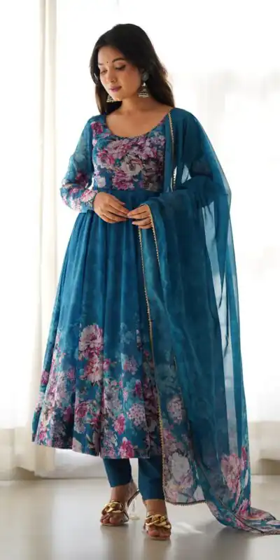 Rama Soft Organza Silk Print With Kali Gown | Gowns, Bollywood Gowns, Creative Gowns, Designer Gowns, Embroidered Gowns, Party Wear Gowns
