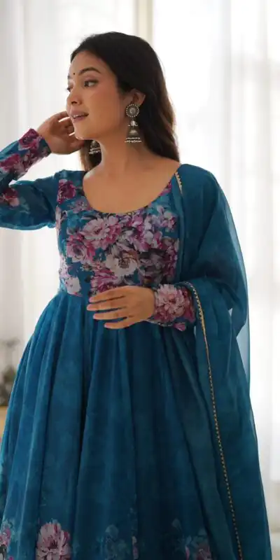 Rama Soft Organza Silk Print With Kali Gown | Gowns, Bollywood Gowns, Creative Gowns, Designer Gowns, Embroidered Gowns, Party Wear Gowns