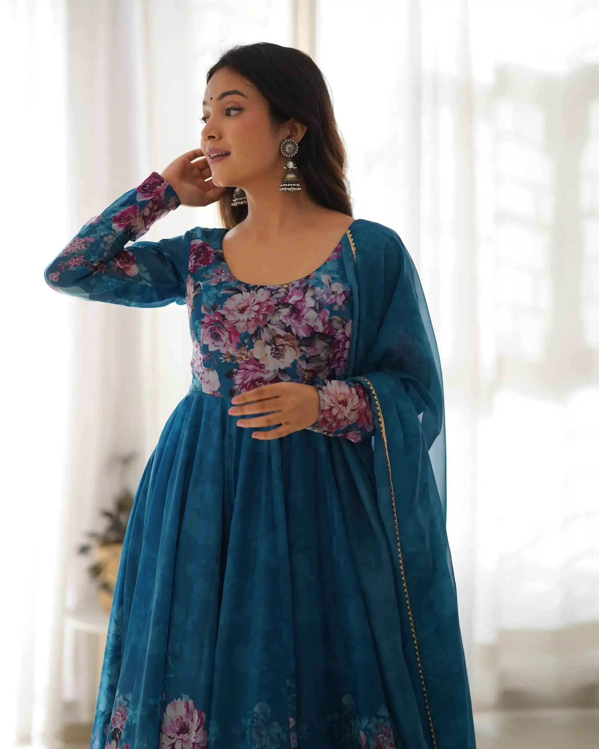 Rama Soft Organza Silk Print With Kali Gown | Gowns, Bollywood Gowns, Creative Gowns, Designer Gowns, Embroidered Gowns, Party Wear Gowns