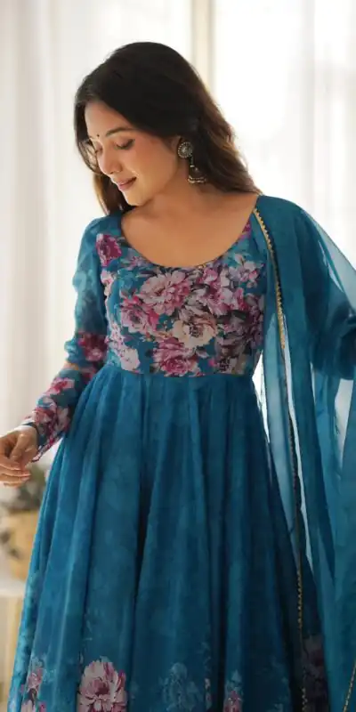 Rama Soft Organza Silk Print With Kali Gown | Gowns, Bollywood Gowns, Creative Gowns, Designer Gowns, Embroidered Gowns, Party Wear Gowns