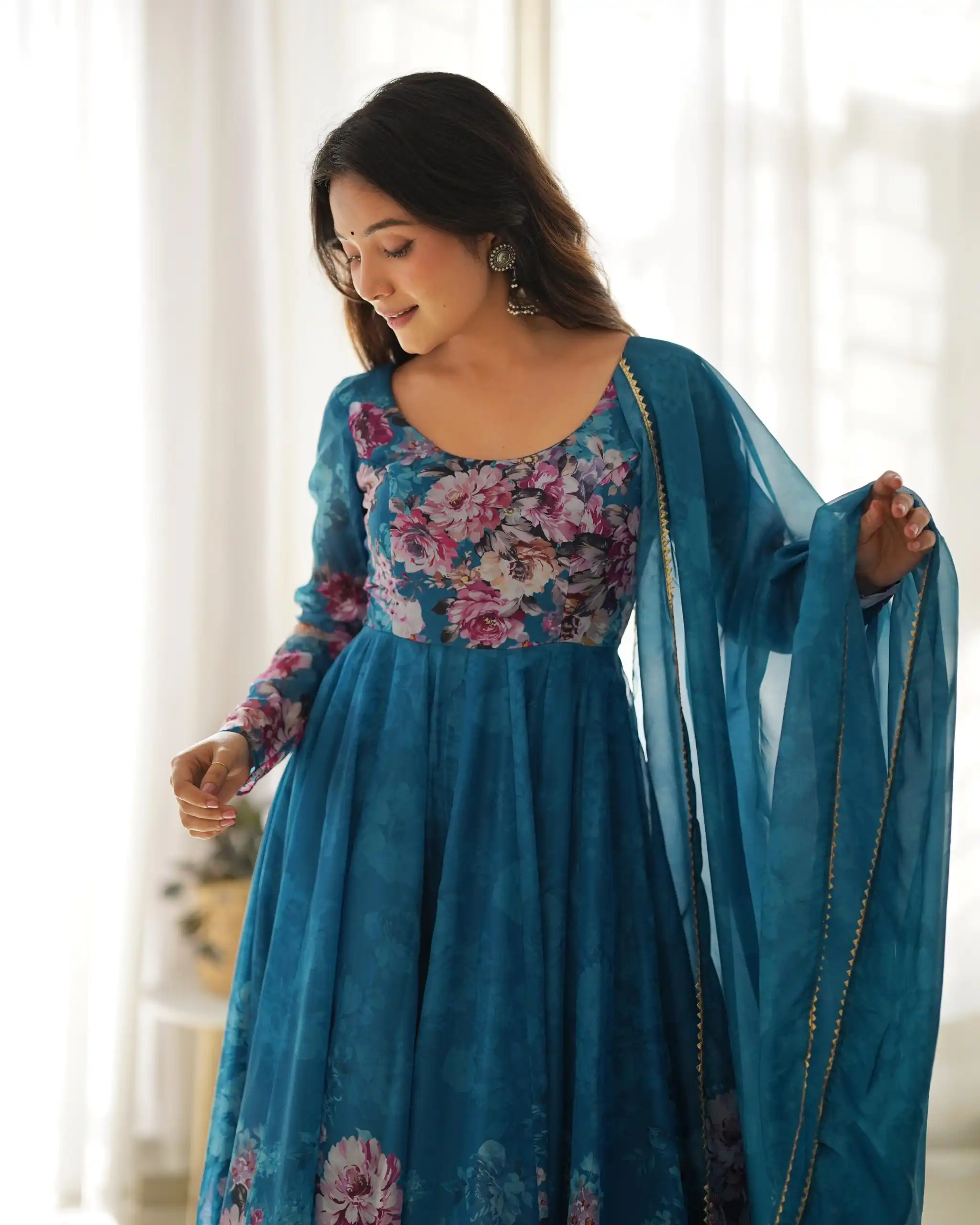 Rama Soft Organza Silk Print With Kali Gown | Gowns, Bollywood Gowns, Creative Gowns, Designer Gowns, Embroidered Gowns, Party Wear Gowns