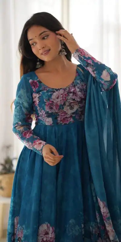 Rama Soft Organza Silk Print With Kali Gown | Gowns, Bollywood Gowns, Creative Gowns, Designer Gowns, Embroidered Gowns, Party Wear Gowns