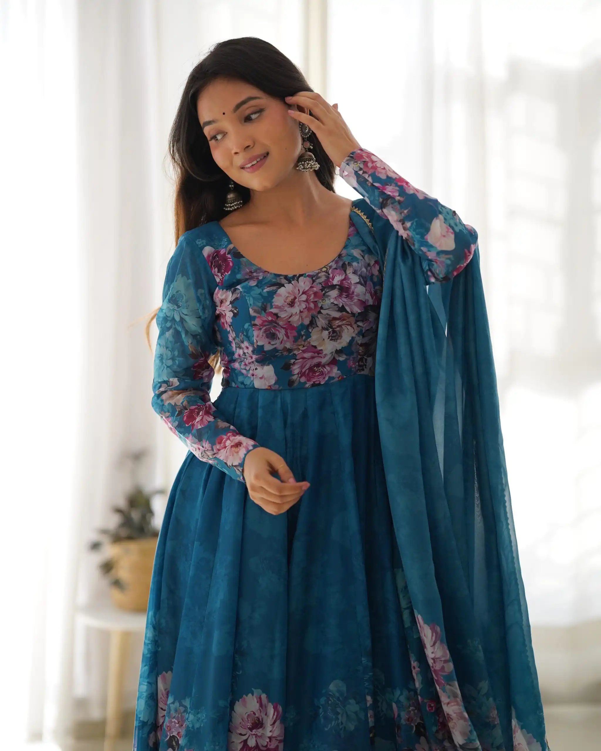 Rama Soft Organza Silk Print With Kali Gown | Gowns, Bollywood Gowns, Creative Gowns, Designer Gowns, Embroidered Gowns, Party Wear Gowns