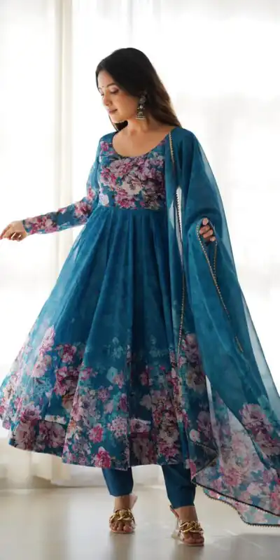 Rama Soft Organza Silk Print With Kali Gown | Gowns, Bollywood Gowns, Creative Gowns, Designer Gowns, Embroidered Gowns, Party Wear Gowns