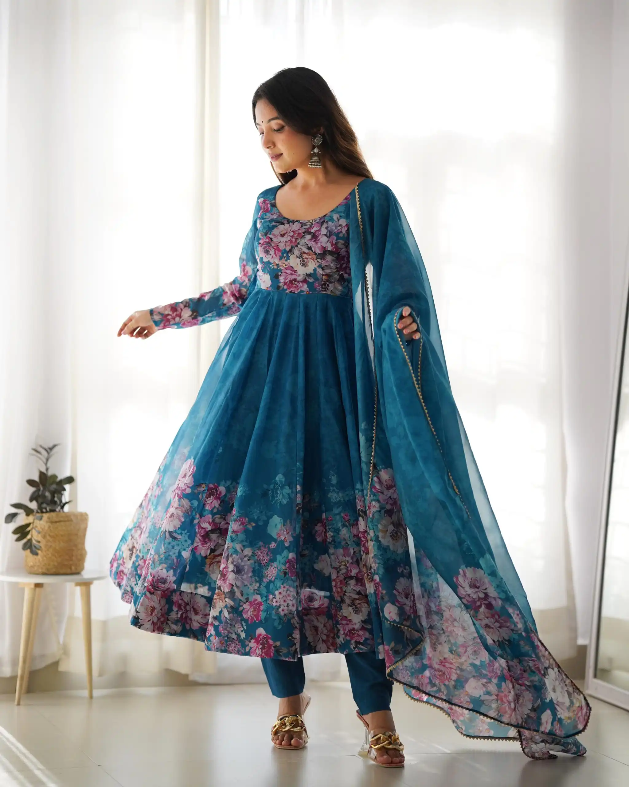 Rama Soft Organza Silk Print With Kali Gown | Gowns, Bollywood Gowns, Creative Gowns, Designer Gowns, Embroidered Gowns, Party Wear Gowns