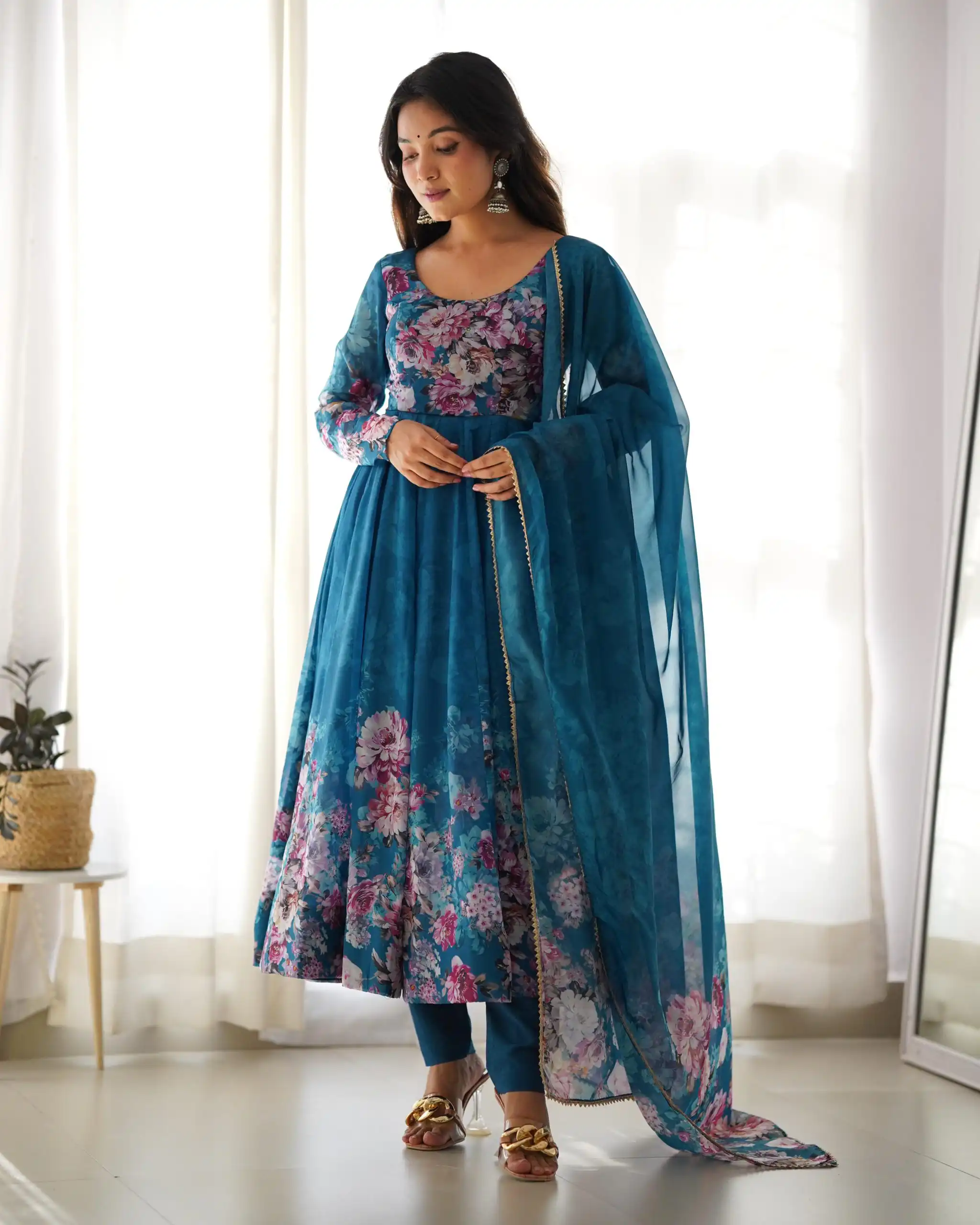Rama Soft Organza Silk Print With Kali Gown | Gowns, Bollywood Gowns, Creative Gowns, Designer Gowns, Embroidered Gowns, Party Wear Gowns