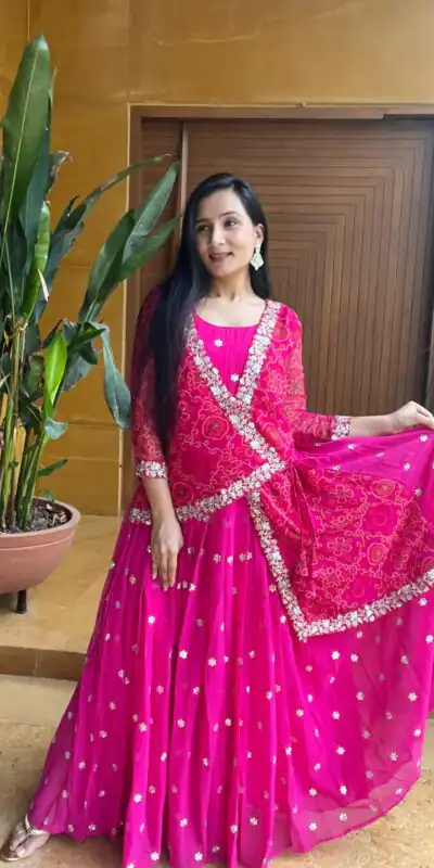 Rani Georgette Embroidery Attached Jacket Gown | Gowns, Bollywood Gowns, Creative Gowns, Designer Gowns, Embroidered Gowns, Party Wear Gowns