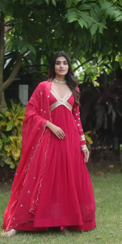 Rani Pink Faux Blooming Zari Embroidery Work Gown | Gowns, Bollywood Gowns, Creative Gowns, Designer Gowns, Embroidered Gowns, Party Wear Gowns